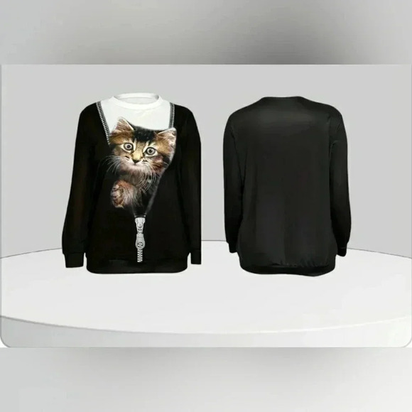 Kitty Quarky 3XL Graphic Digital Print Cute Cat Long Sleeve Silky Top - Picture 2 of 3